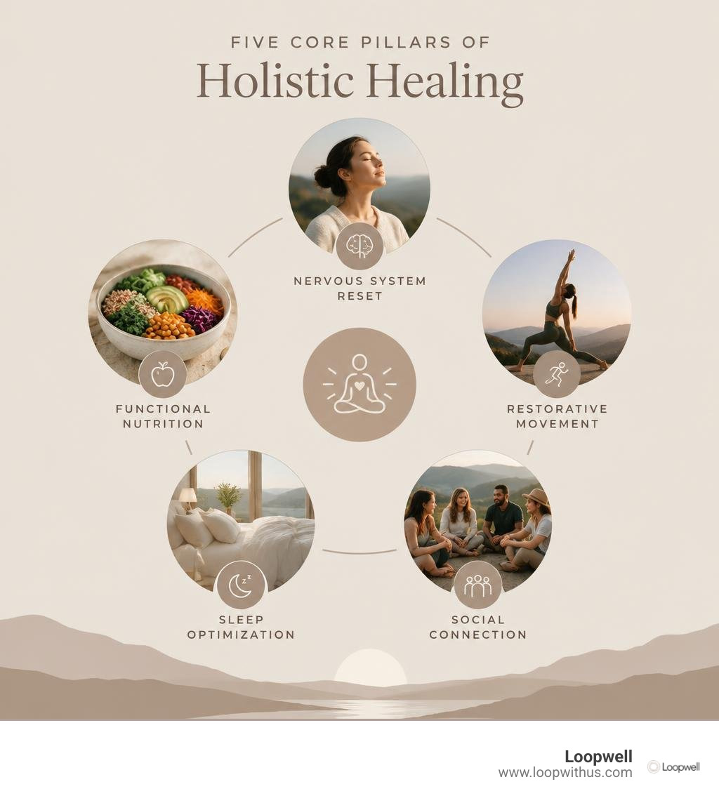 Five core pillars of holistic healing: nervous system reset, functional nutrition, restorative movement, sleep optimization Five core pillars of holistic healing: nervous system reset, functional nutrition, restorative movement, sleep optimization