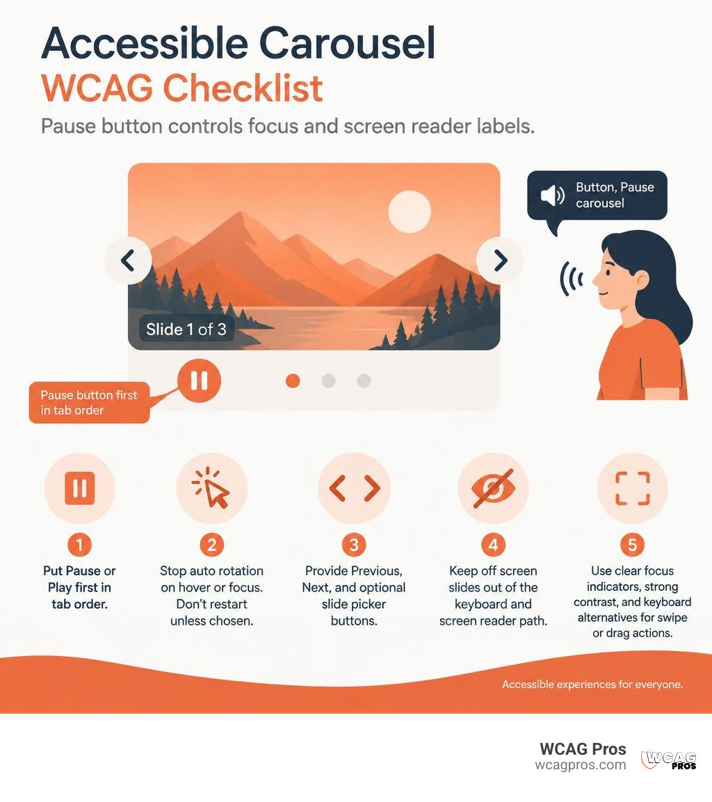 Accessible carousel WCAG checklist with pause button controls focus and screen reader labels infographic Accessible carousel WCAG checklist with pause button controls focus and screen reader labels infographic