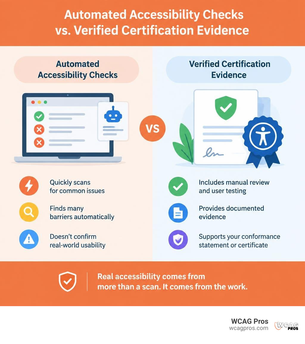 Automated accessibility checks compared with verified accessibility certification evidence infographic Automated accessibility checks compared with verified accessibility certification evidence infographic