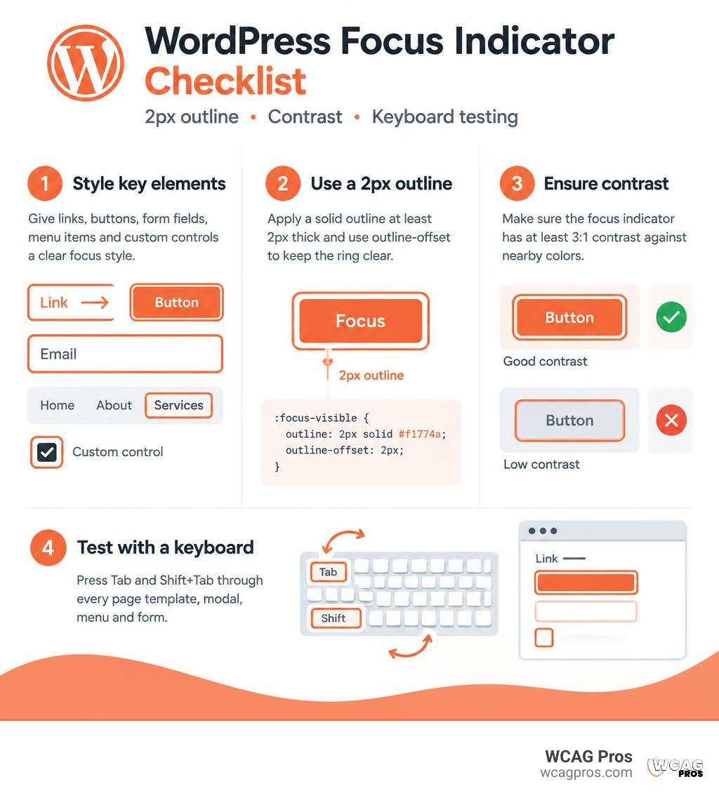 WordPress focus indicator checklist with 2px outline, contrast, and keyboard testing infographic WordPress focus indicator checklist with 2px outline, contrast, and keyboard testing infographic