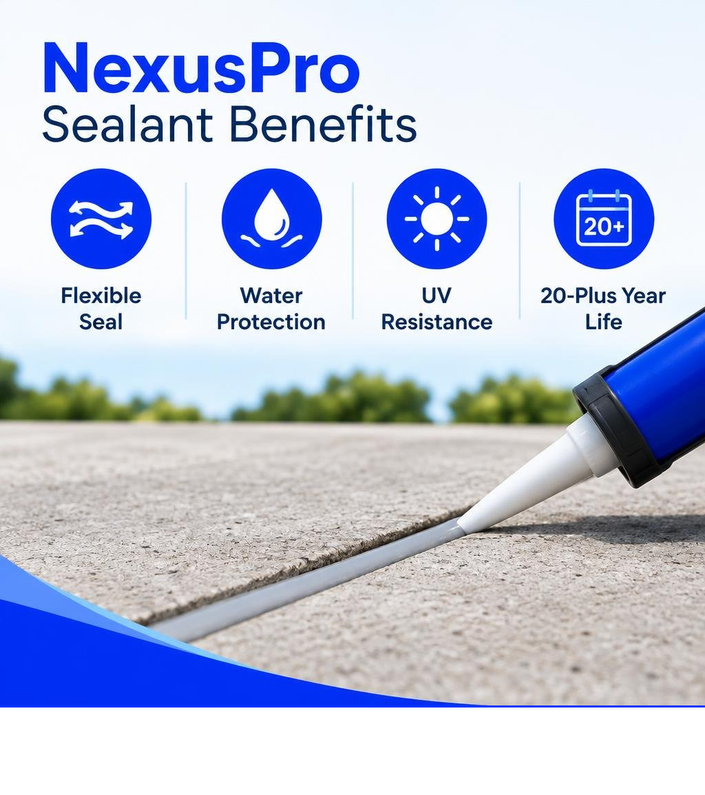 NexusPro sealant benefits: flexible seal, water protection, UV resistance, 20-plus year life infographic NexusPro sealant benefits: flexible seal, water protection, UV resistance, 20-plus year life infographic