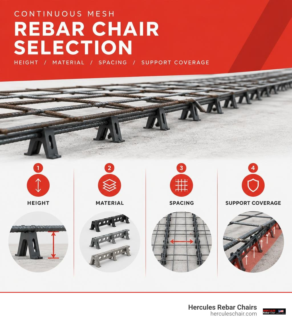 Continuous mesh chair selection: height, material, spacing, and support coverage infographic