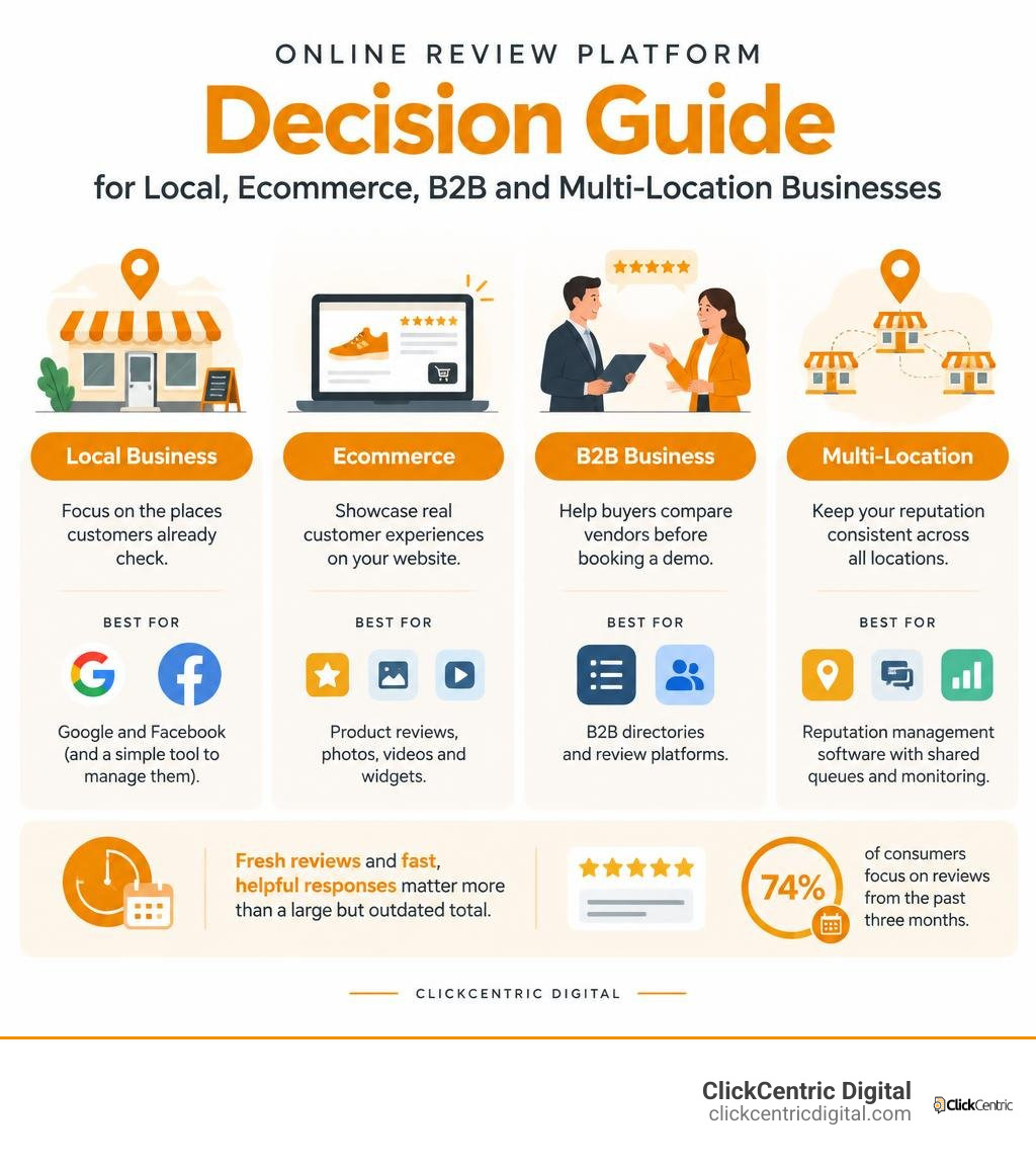 Online review platform decision guide for local, ecommerce, B2B, and multi-location businesses infographic