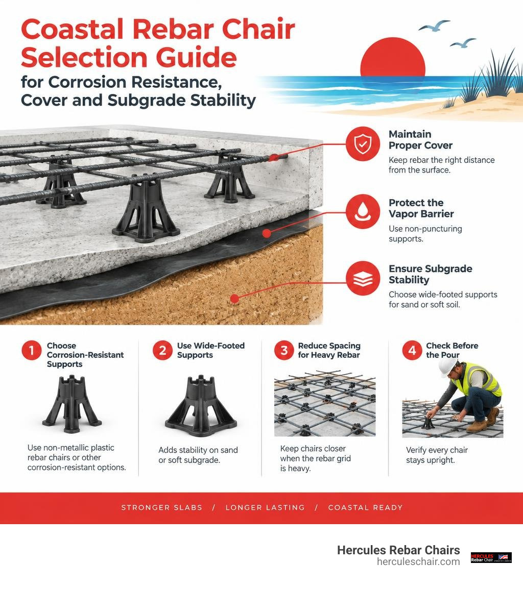 Coastal rebar chair selection guide for corrosion resistance cover and subgrade stability infographic