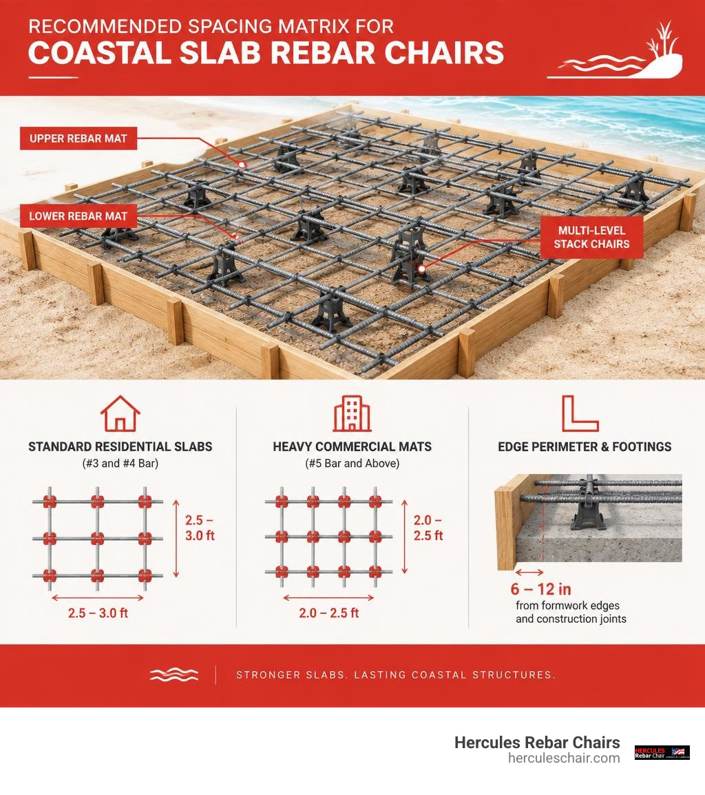 Recommended spacing matrix for coastal slab rebar chairs infographic
