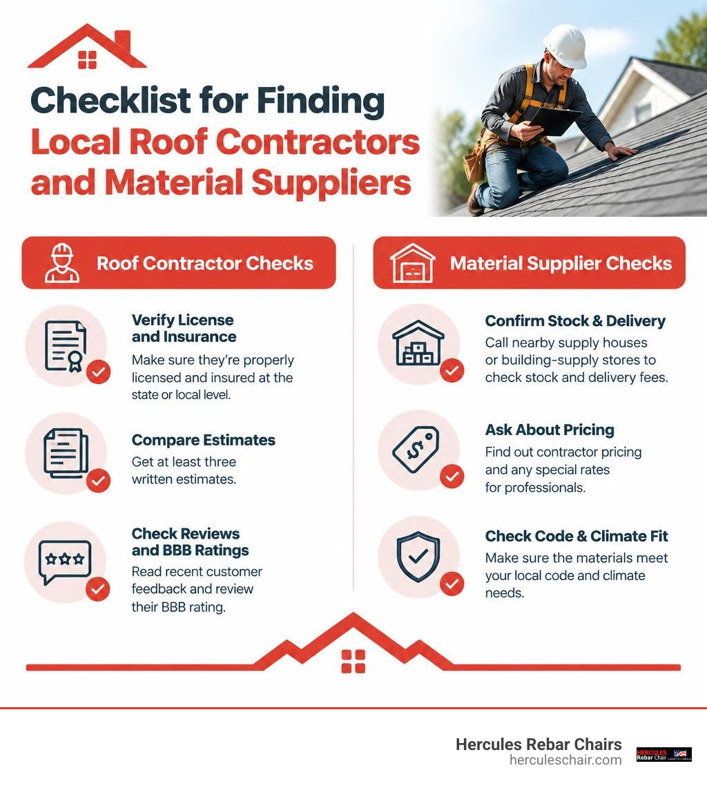 Checklist for finding local roof contractors and material suppliers infographic