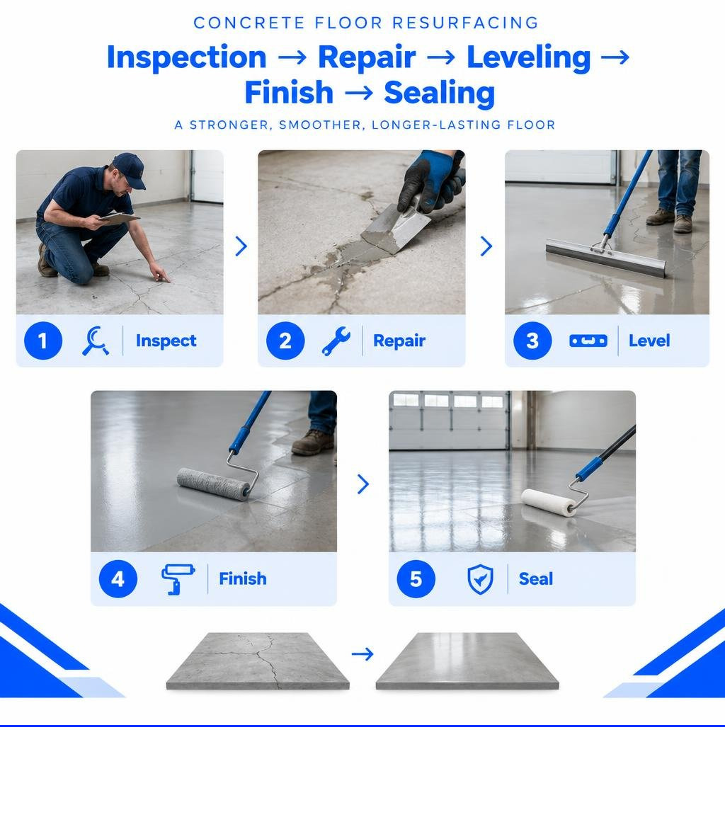 Concrete resurfacing inspection repair leveling finish and sealing steps infographic Concrete resurfacing inspection repair leveling finish and sealing steps infographic