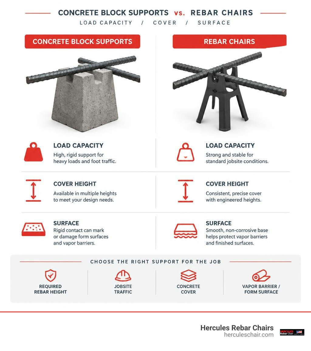 comparison of concrete block supports and rebar chairs by load cover and surface infographic