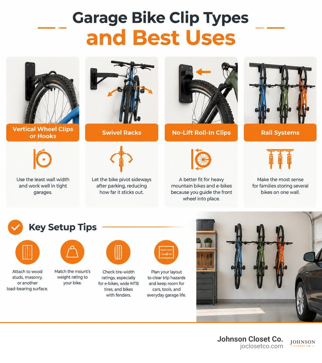 Garage bike clip types and best uses infographic Garage bike clip types and best uses infographic