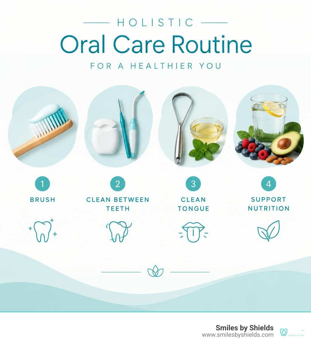 Holistic oral care routine: brush, clean between teeth, clean tongue, support nutrition infographic Holistic oral care routine: brush, clean between teeth, clean tongue, support nutrition infographic