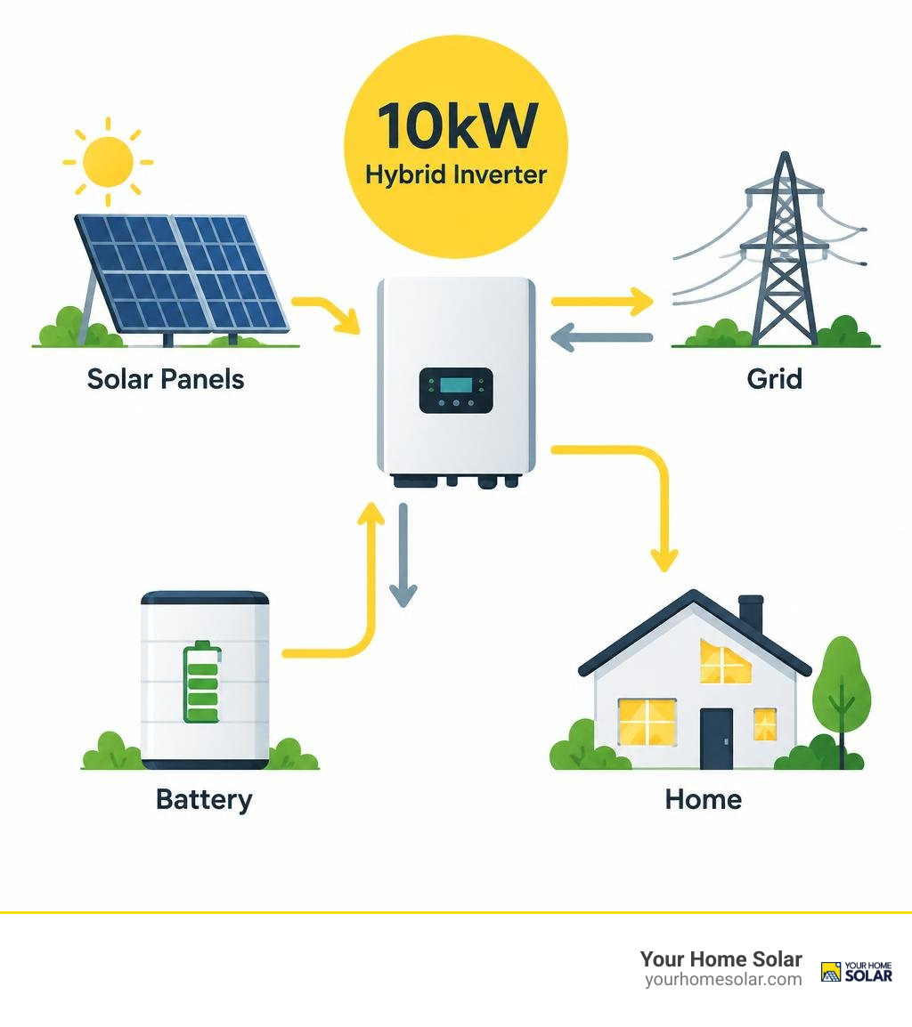 10kW hybrid inverter power flow between solar panels battery home and grid infographic 10kW hybrid inverter power flow between solar panels battery home and grid infographic