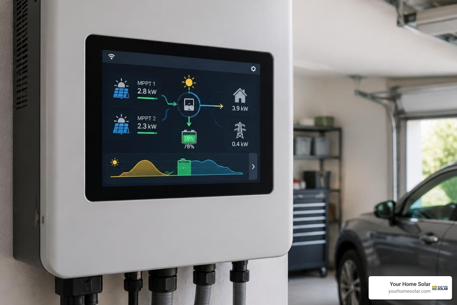 Dual MPPT digital touch screen interface displaying real-time power metrics Dual MPPT digital touch screen interface displaying real-time power metrics