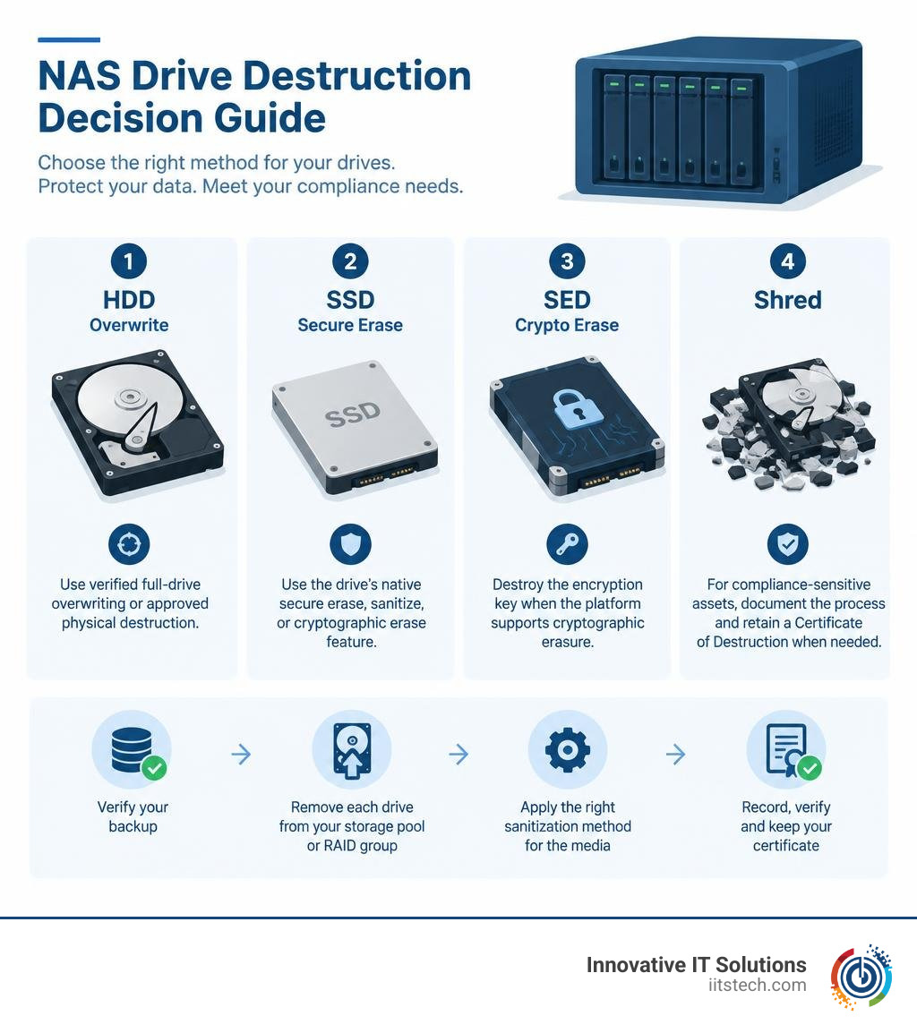 NAS drive destruction decision guide: HDD overwrite, SSD secure erase, SED crypto erase, shred infographic