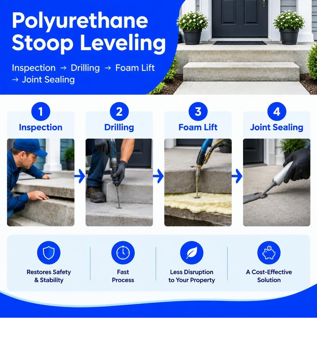 Polyurethane stoop leveling inspection drilling foam lift and joint sealing infographic Polyurethane stoop leveling inspection drilling foam lift and joint sealing infographic