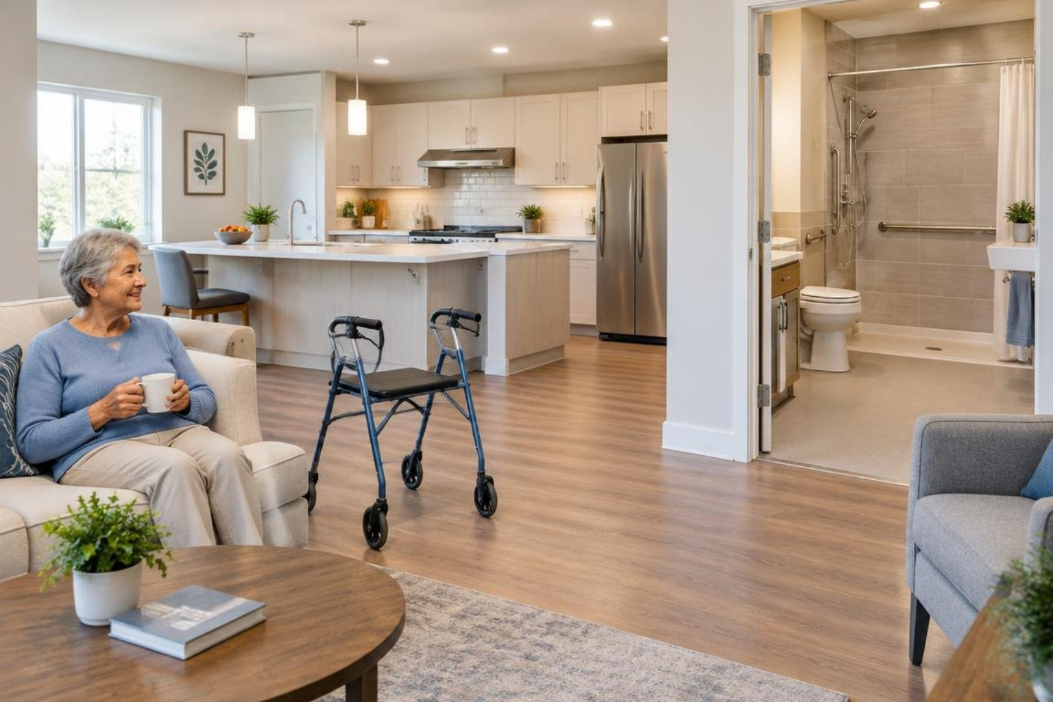 interior of modern senior apartment featuring step-free layout and grab bars interior of modern senior apartment featuring step-free layout and grab bars