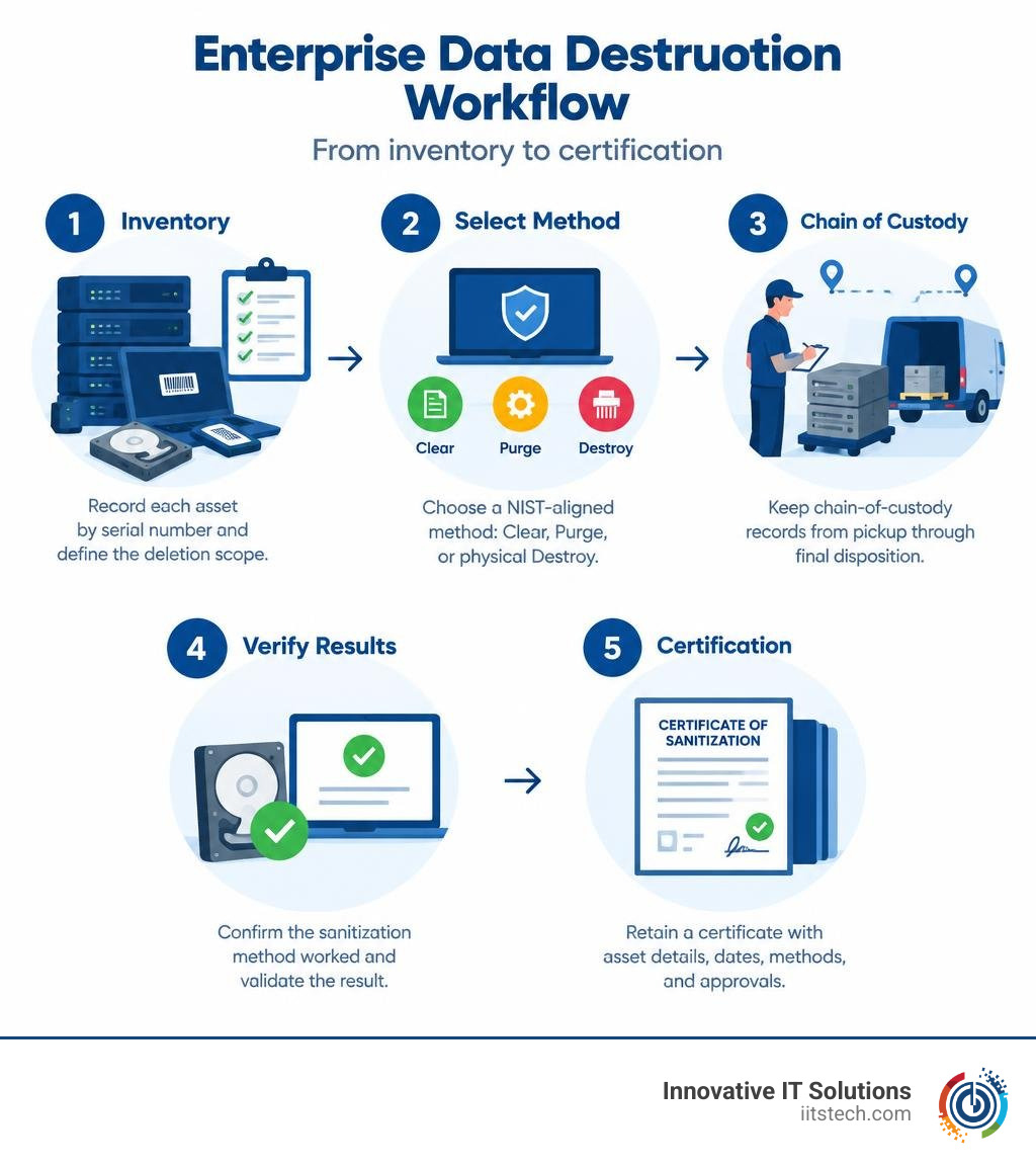 Infographic of enterprise data destruction workflow from inventory to certification infographic