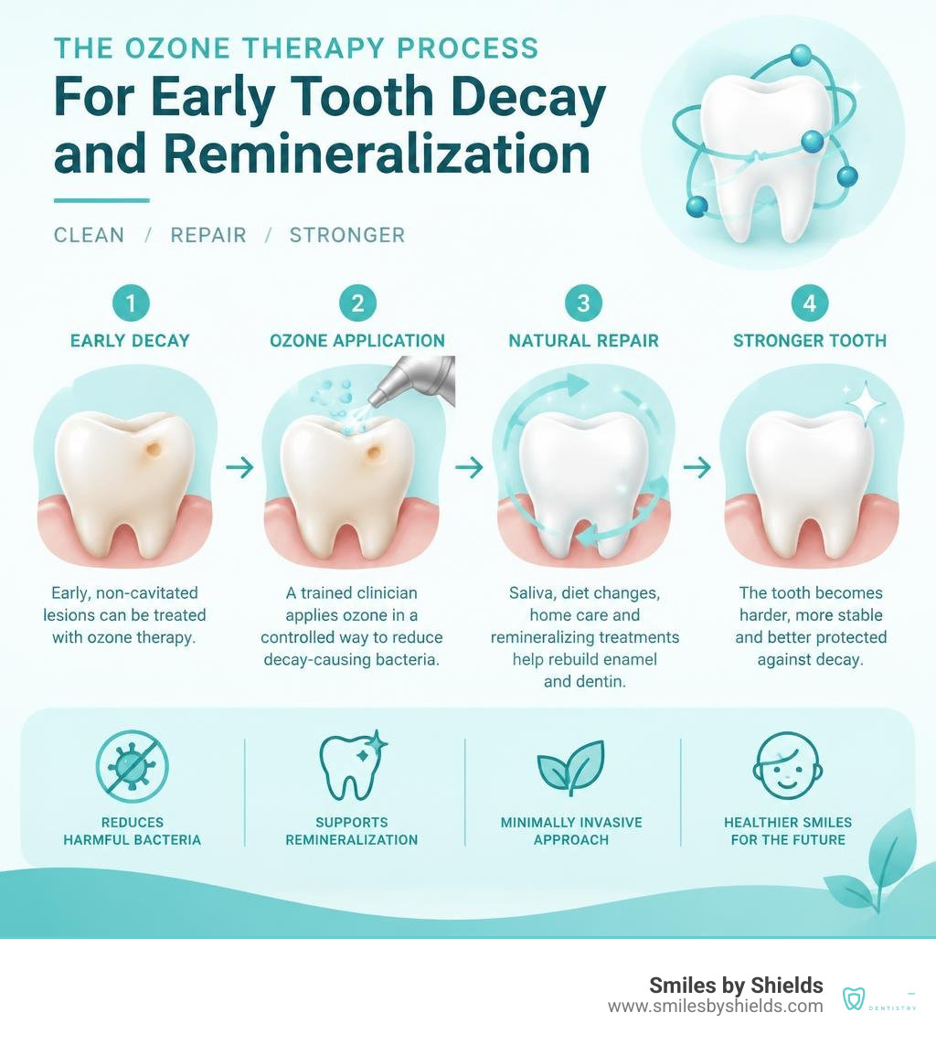 Ozone therapy process for early tooth decay and remineralization infographic Ozone therapy process for early tooth decay and remineralization infographic