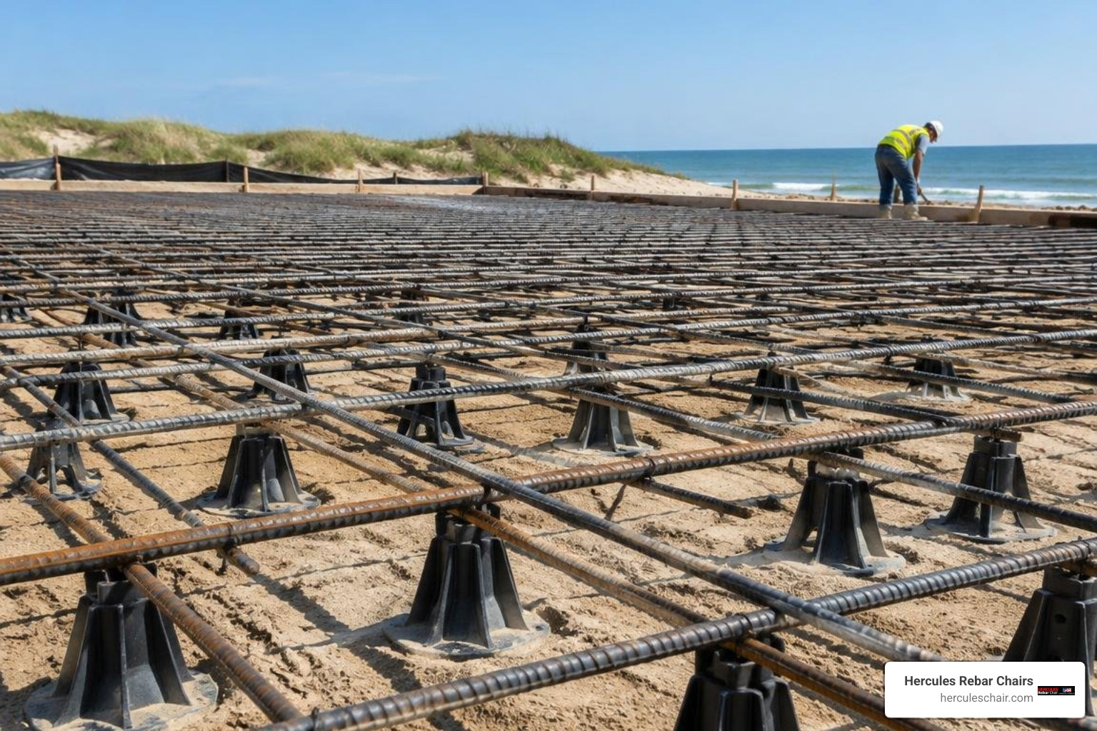 Continuous bolsters supporting heavy rebar grid on a sand subgrade