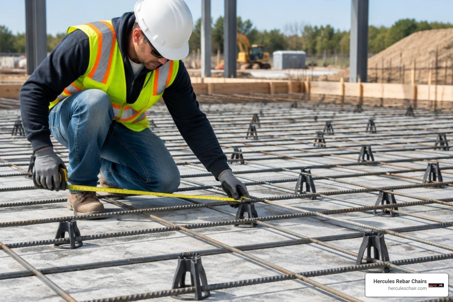contractor measuring chair spacing on slab layout