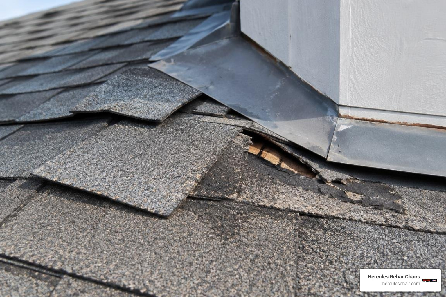 damaged roof shingles and flashing