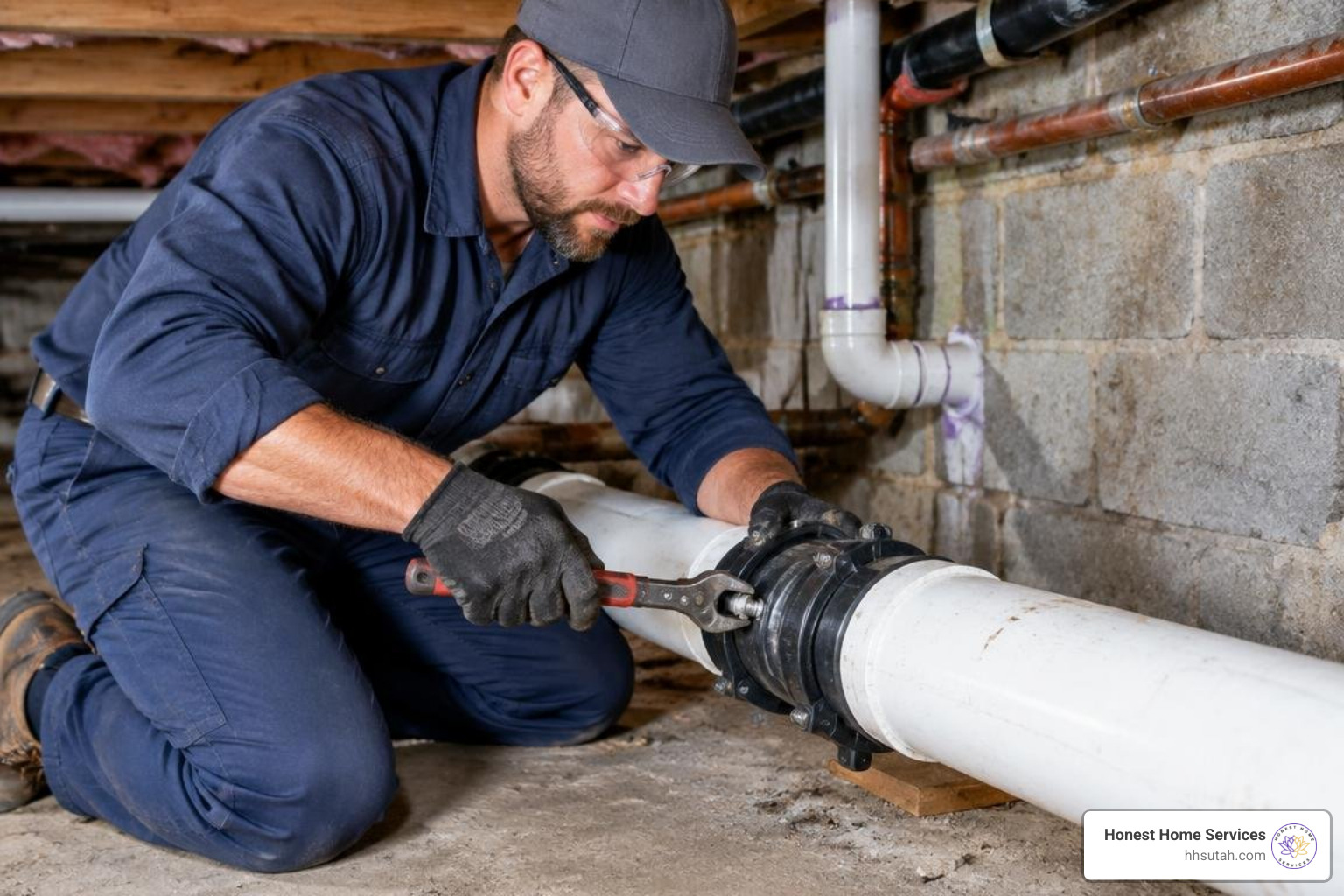 Plumbing technician fitting PVC pipe with heavy-duty couplings Plumbing technician fitting PVC pipe with heavy-duty couplings