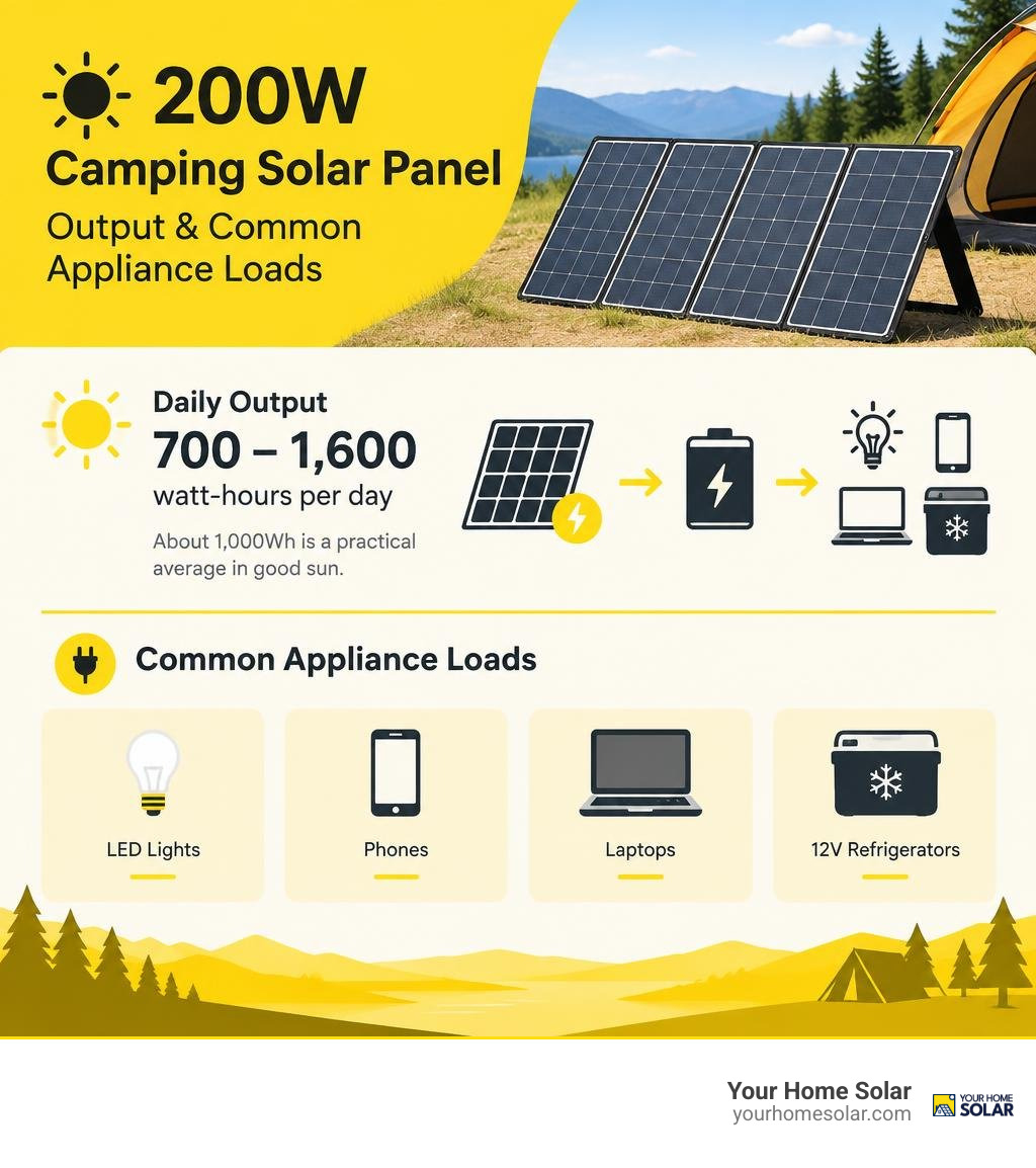 200W camping solar panel output and common appliance loads infographic 200W camping solar panel output and common appliance loads infographic