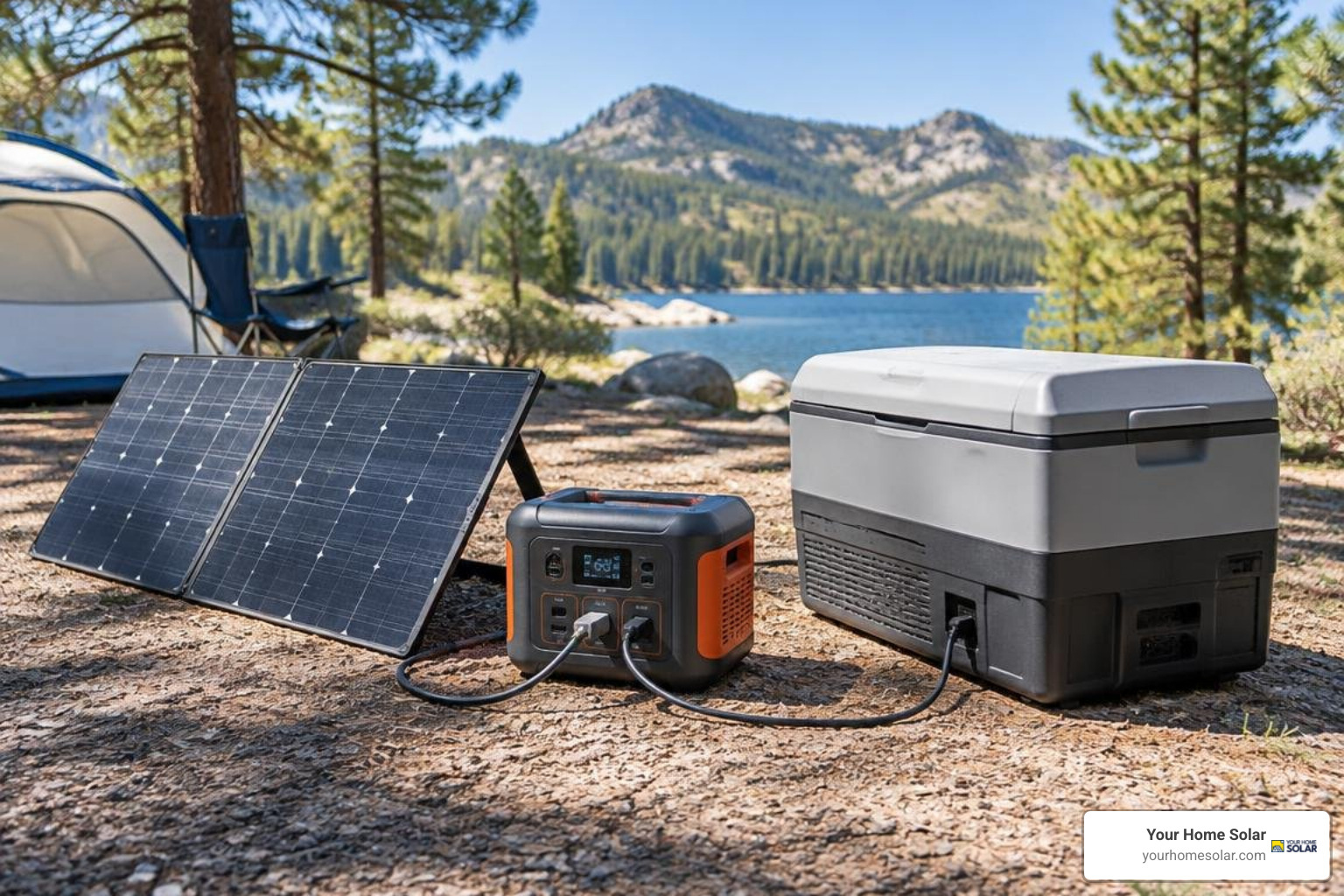 portable 12V fridge connected to an off-grid solar battery setup portable 12V fridge connected to an off-grid solar battery setup