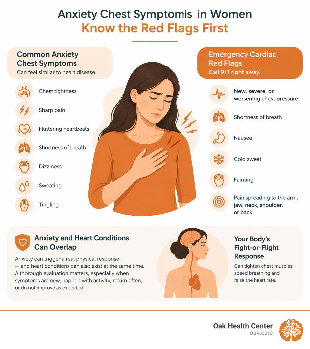 Anxiety chest symptoms in women and emergency cardiac red flags infographic