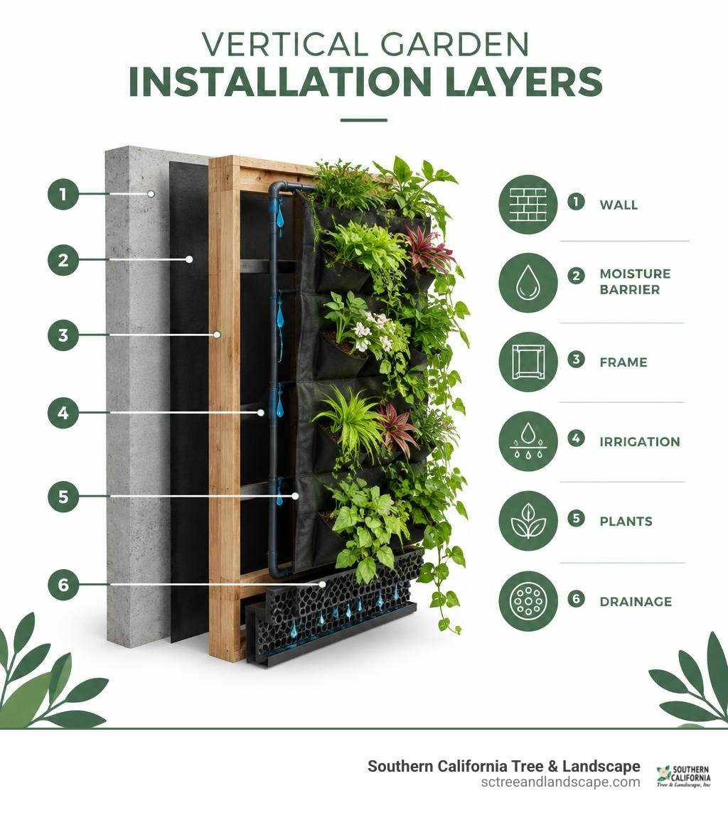 Vertical garden installation layers: wall, moisture barrier, frame, irrigation, plants, drainage infographic