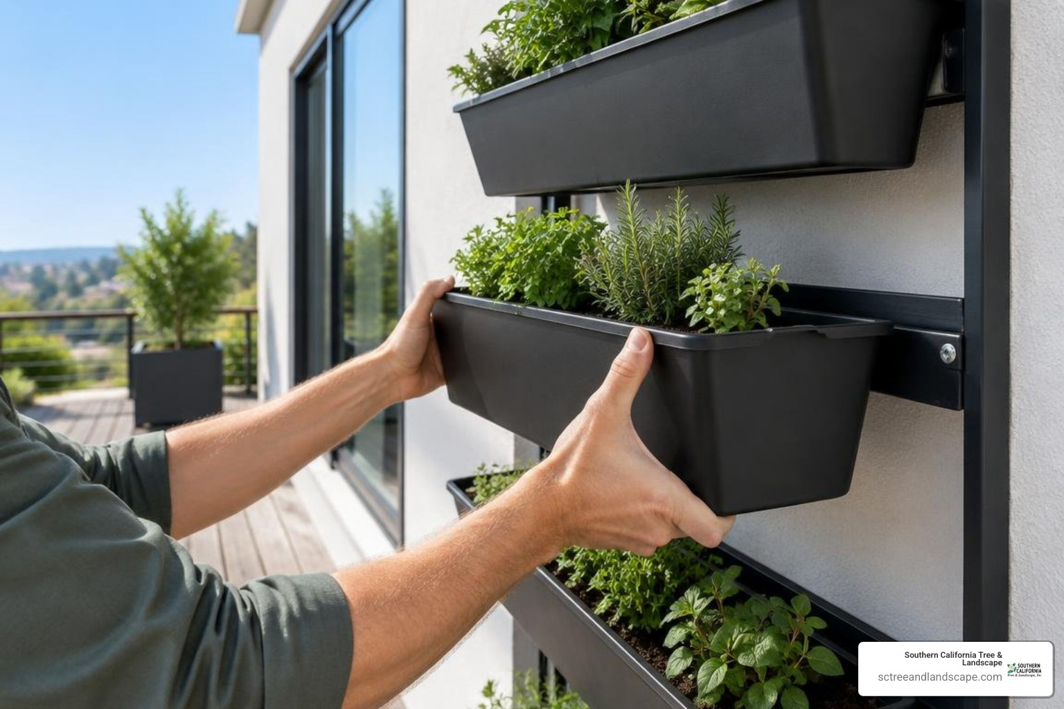 Modular pots being slotted into an outdoor wall frame