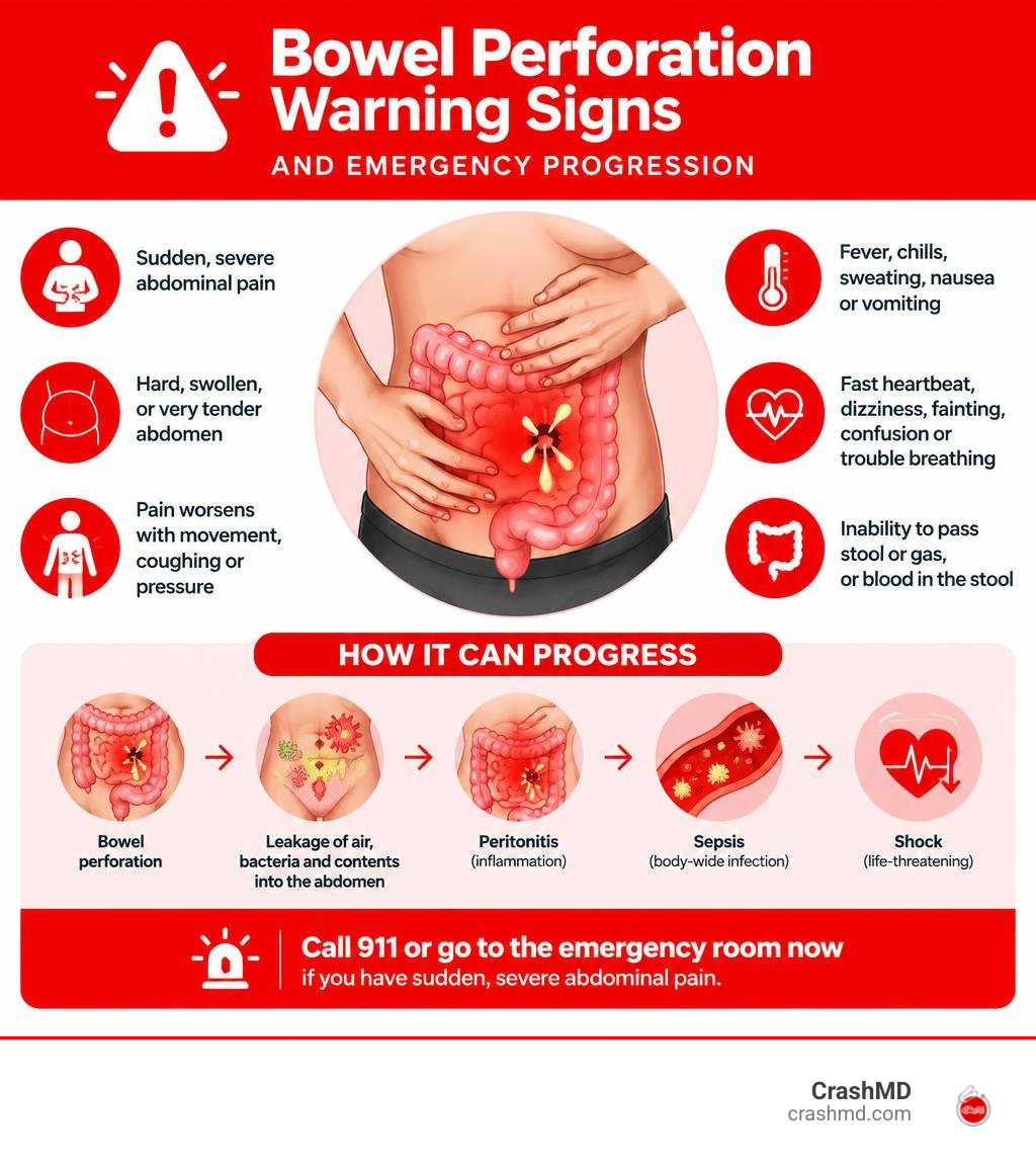Bowel perforation warning signs and emergency progression infographic Bowel perforation warning signs and emergency progression infographic