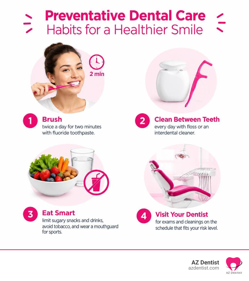Preventative dental care habits: brush, clean between teeth, eat smart, visit your dentist infographic Preventative dental care habits: brush, clean between teeth, eat smart, visit your dentist infographic