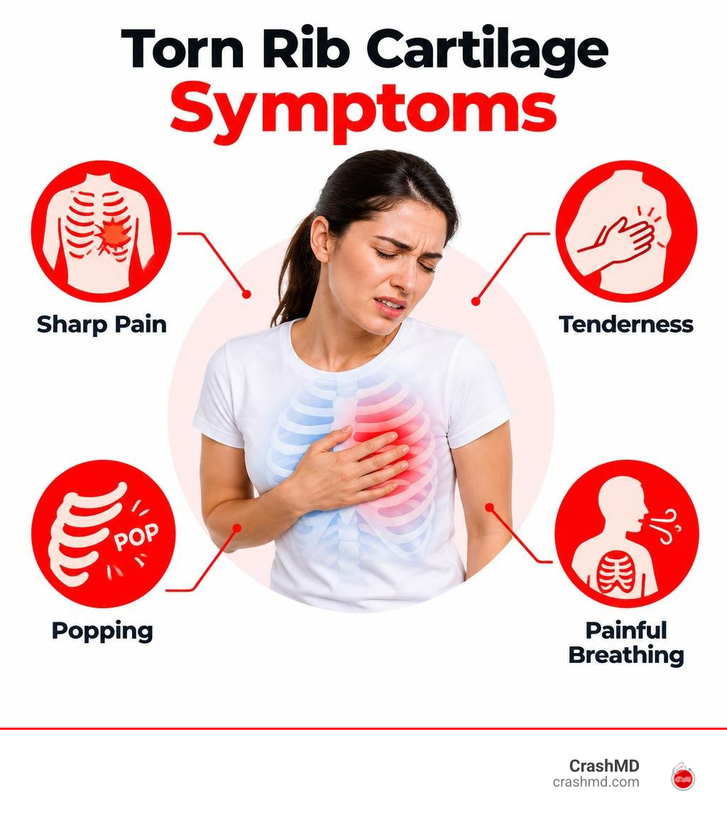 Infographic of torn rib cartilage symptoms including sharp pain, tenderness, popping, and painful breathing infographic Infographic of torn rib cartilage symptoms including sharp pain, tenderness, popping, and painful breathing infographic