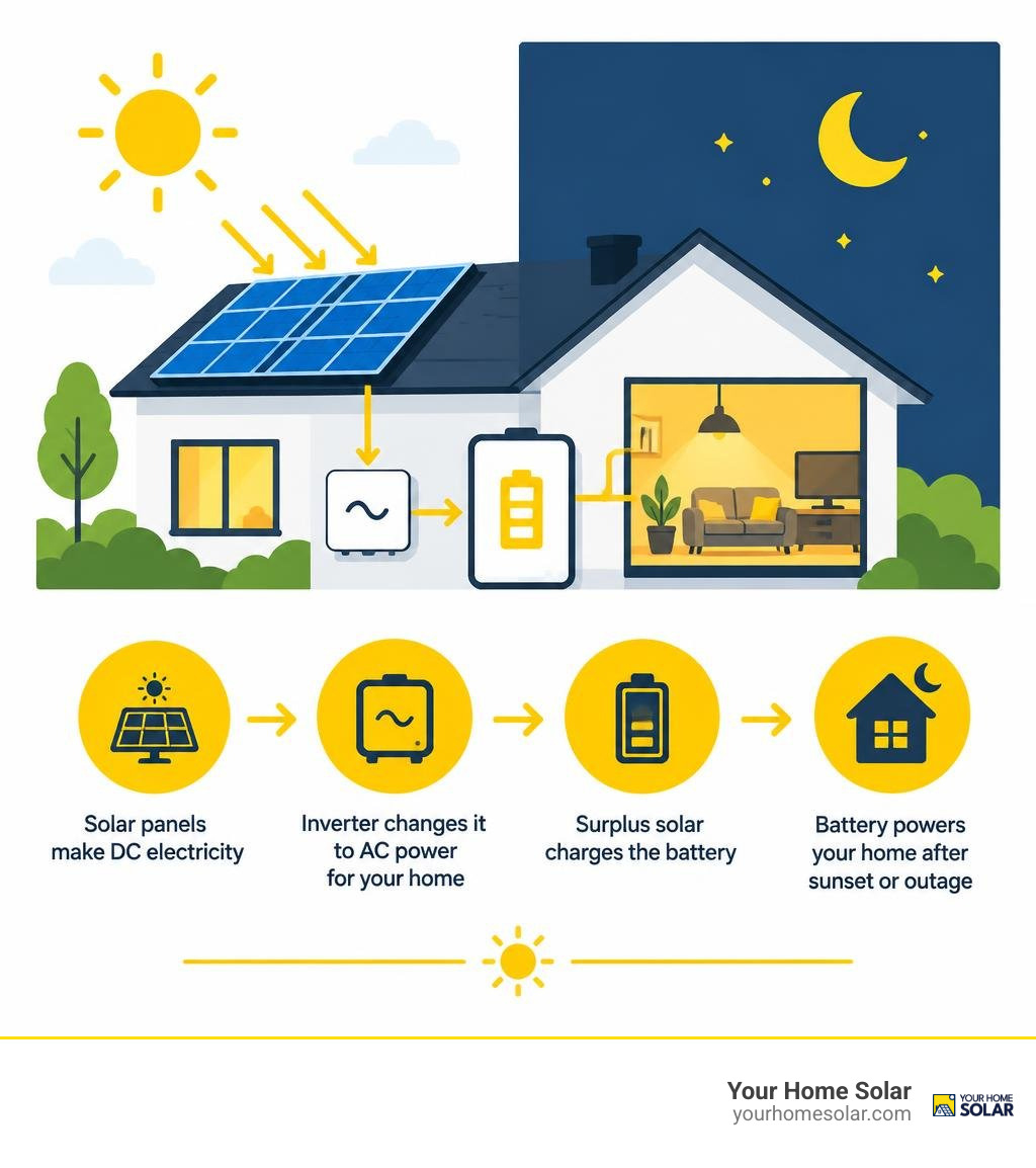 Day-to-night flow: solar panels charge battery, battery powers home after sunset or outage infographic Day-to-night flow: solar panels charge battery, battery powers home after sunset or outage infographic