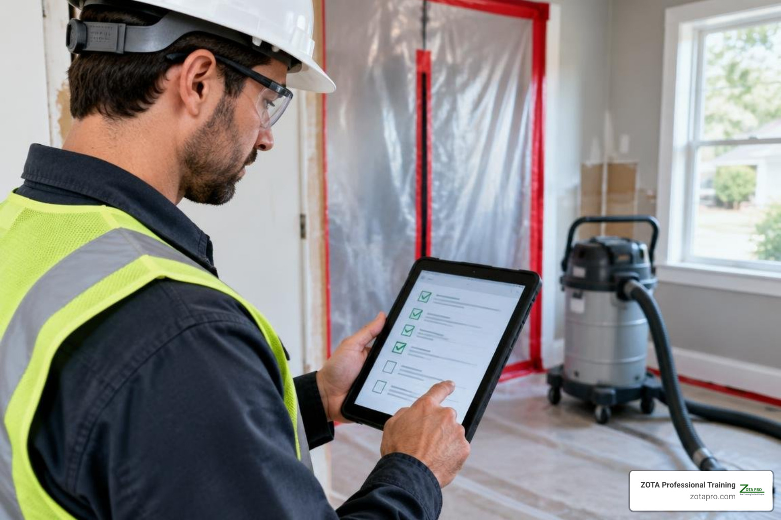 Certified renovator reviewing digital compliance records on tablet Certified renovator reviewing digital compliance records on tablet