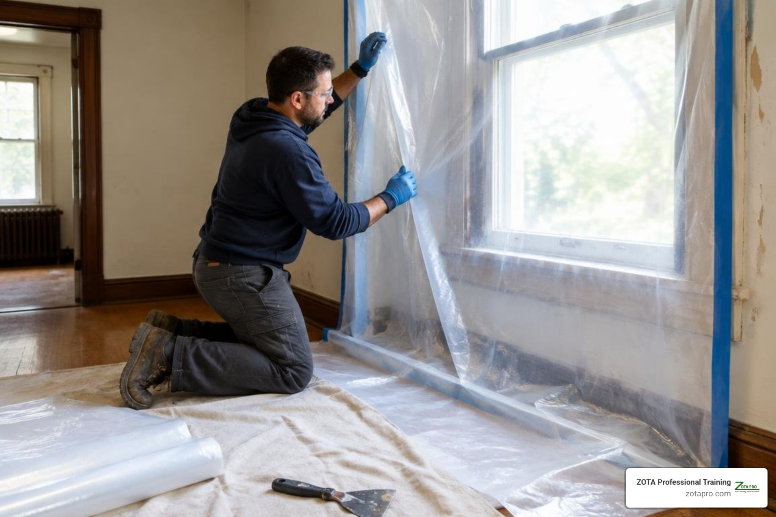 Contractor setting up lead containment barrier with plastic sheeting Contractor setting up lead containment barrier with plastic sheeting