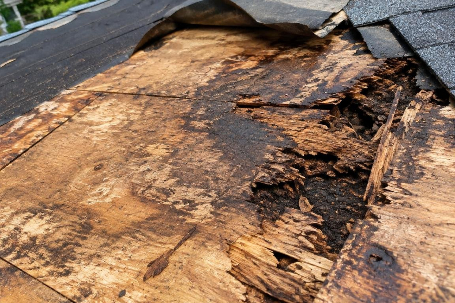 damaged roof decking showing water intrusion and rot damaged roof decking showing water intrusion and rot