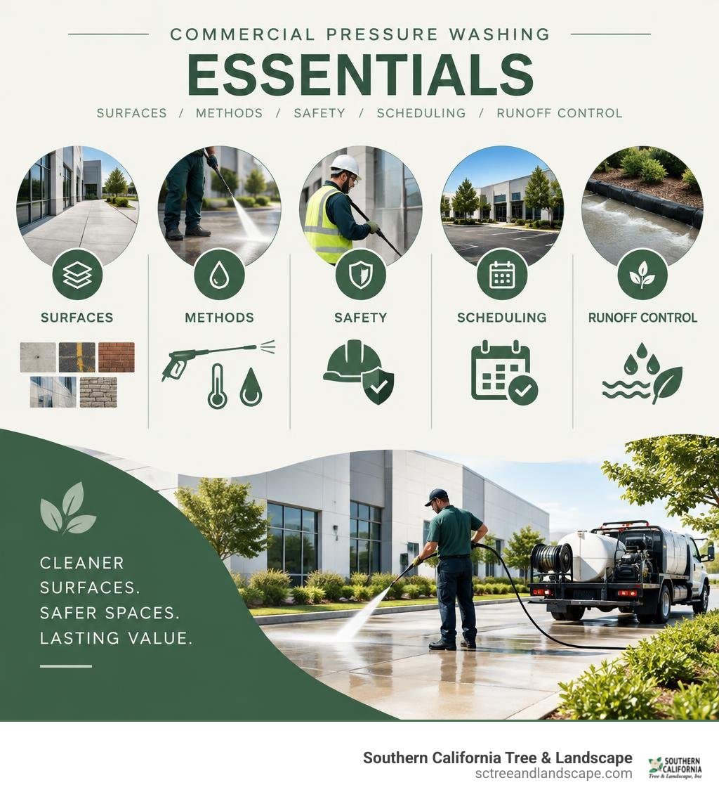 Commercial pressure washing essentials: surfaces, methods, safety, scheduling, and runoff control infographic Commercial pressure washing essentials: surfaces, methods, safety, scheduling, and runoff control infographic