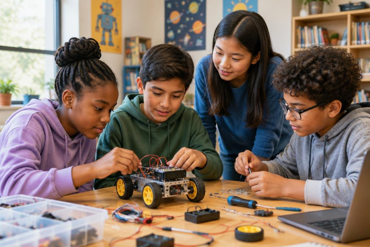 diverse youth building a robotics project in a community classroom diverse youth building a robotics project in a community classroom