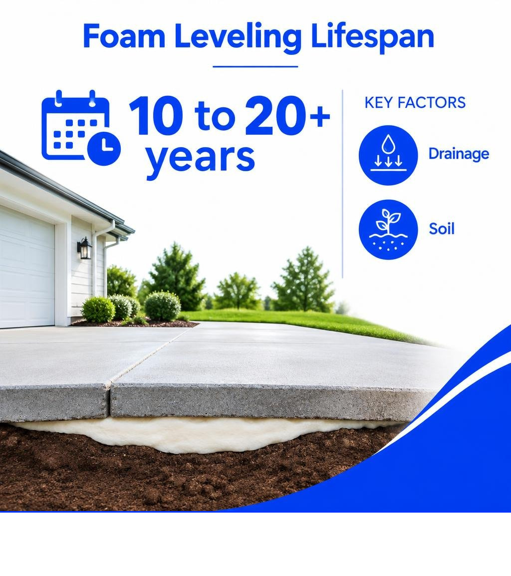 Foam leveling lifespan: 10 to 20 plus years, with drainage and soil as key factors infographic Foam leveling lifespan: 10 to 20 plus years, with drainage and soil as key factors infographic