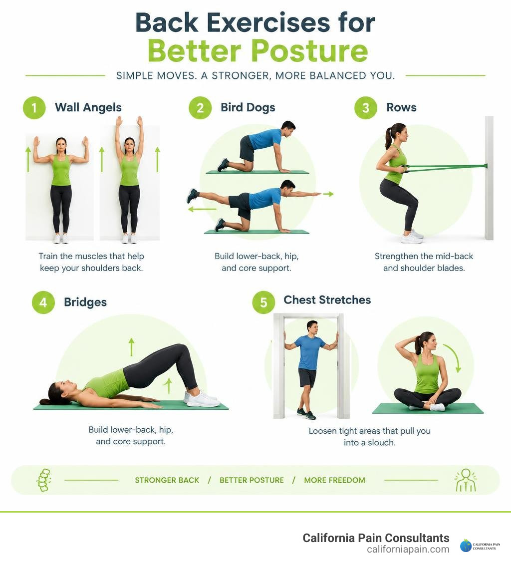 Infographic of wall angels, bird dogs, rows, bridges, and chest stretches for posture infographic