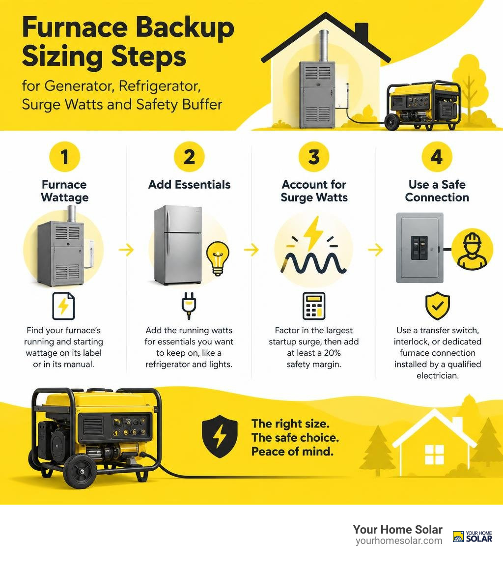 Furnace backup sizing steps for generator, refrigerator, surge watts, and safety buffer infographic Furnace backup sizing steps for generator, refrigerator, surge watts, and safety buffer infographic