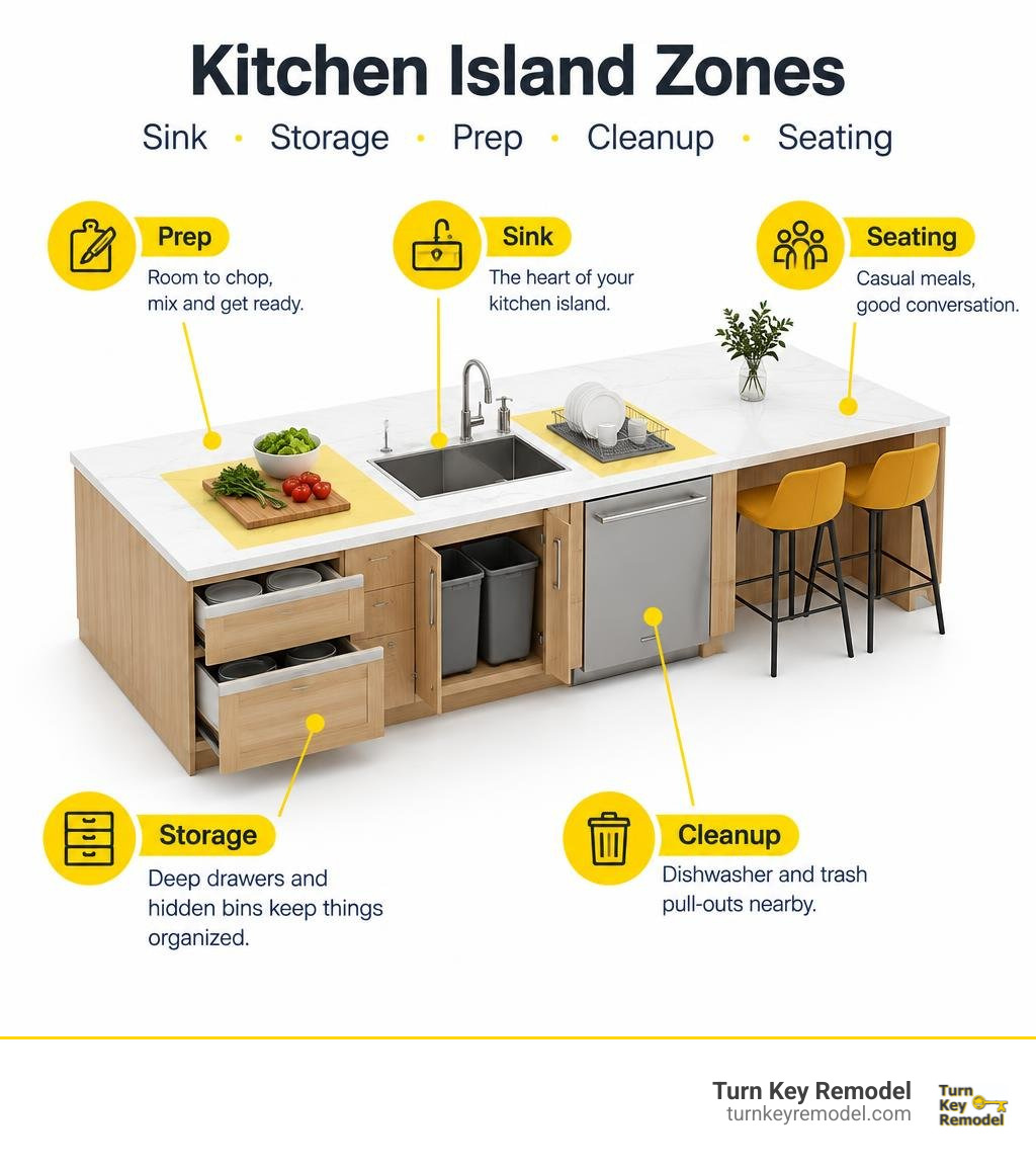 Kitchen island zones for sink, storage, prep, cleanup, and seating infographic Kitchen island zones for sink, storage, prep, cleanup, and seating infographic