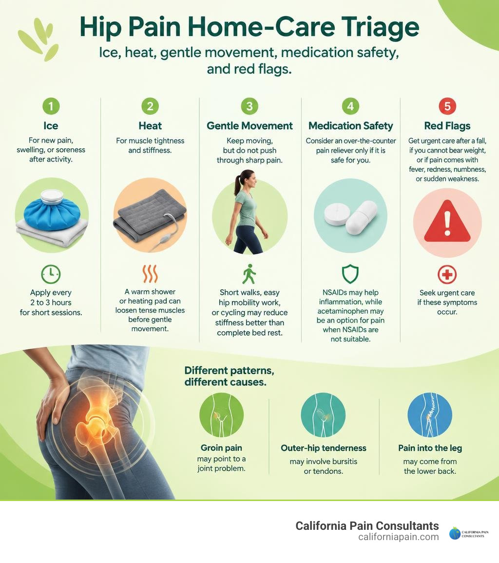 Hip pain home-care triage: ice, heat, gentle movement, medication safety, and red flags infographic Hip pain home-care triage: ice, heat, gentle movement, medication safety, and red flags infographic