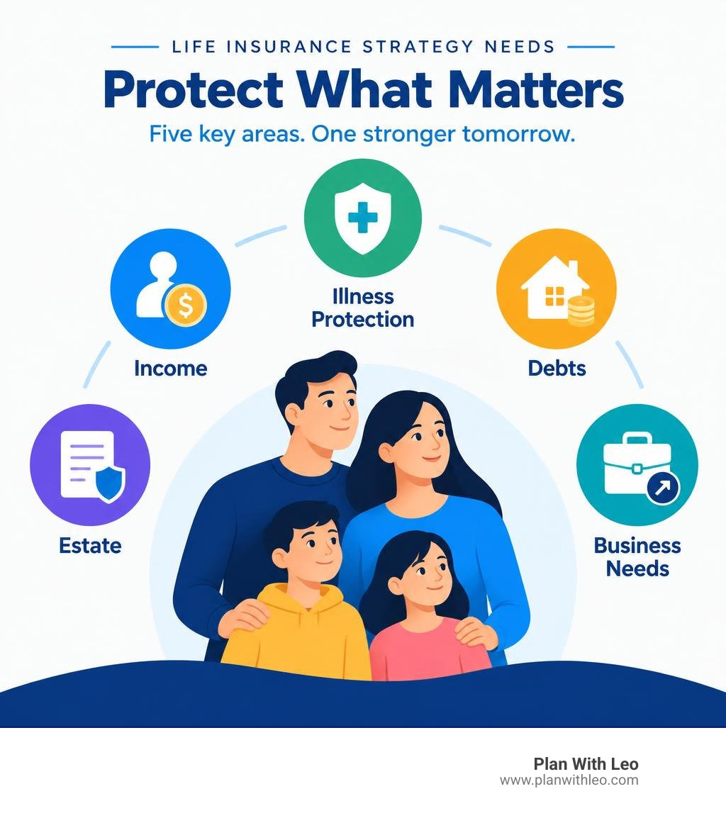 Life insurance strategy needs: income, debts, illness protection, estate and business needs infographic