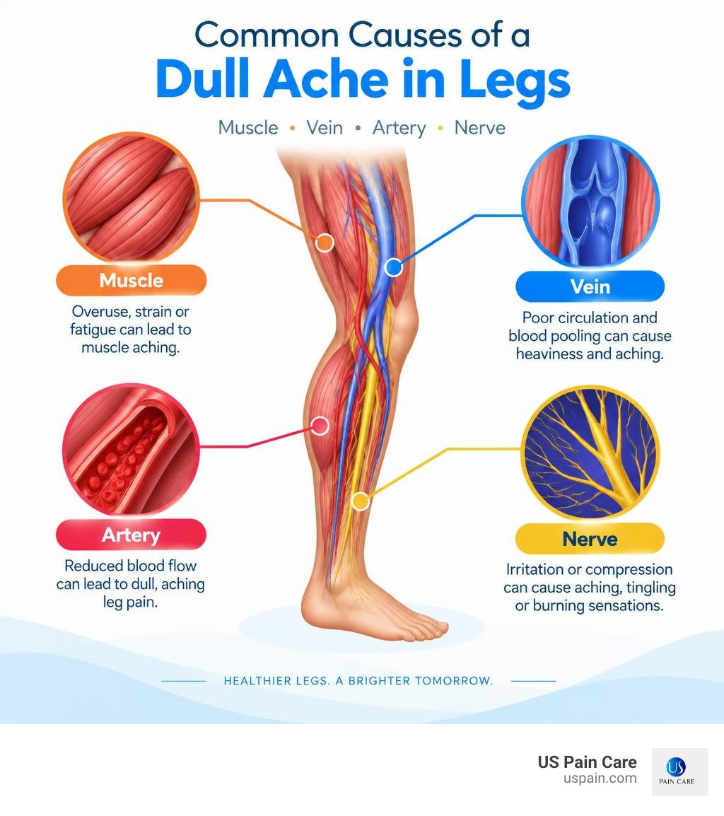 Infographic showing muscle, vein, artery, and nerve causes of dull leg aching infographic Infographic showing muscle, vein, artery, and nerve causes of dull leg aching infographic