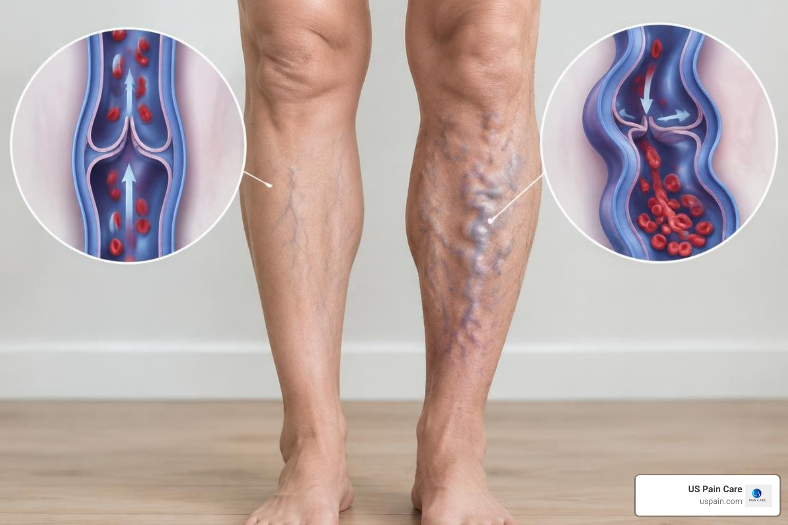 Healthy vs malfunctioning venous valves in leg Healthy vs malfunctioning venous valves in leg