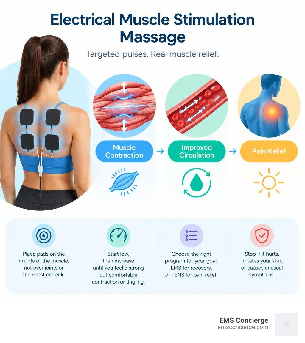 Infographic showing EMS massage pads, muscle contraction, circulation, and pain relief infographic