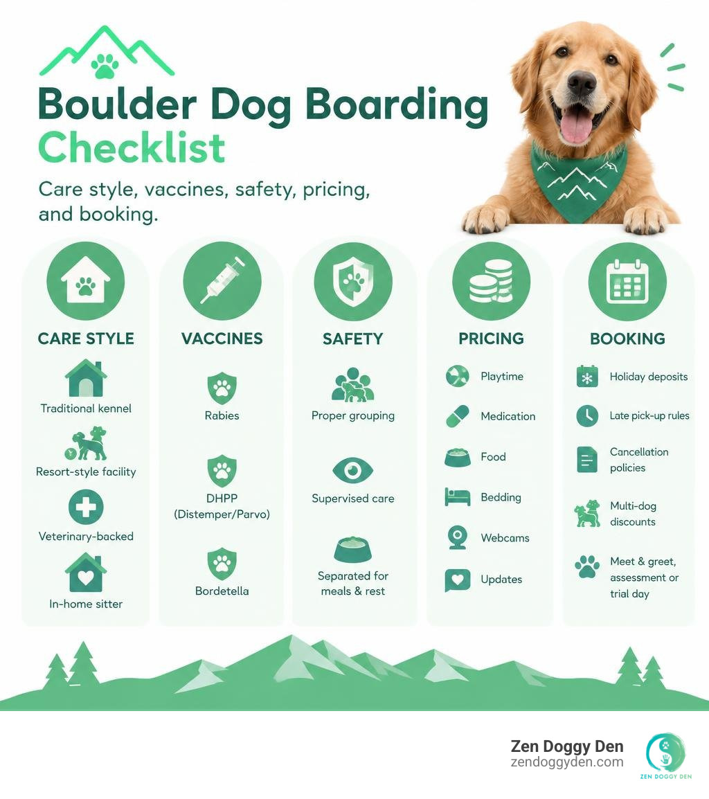 Boulder dog boarding checklist: care style, vaccines, safety, pricing, and booking infographic Boulder dog boarding checklist: care style, vaccines, safety, pricing, and booking infographic