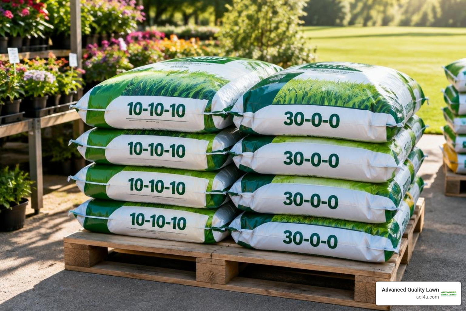 Lawn fertilizer bags displaying nutrient analysis numbers